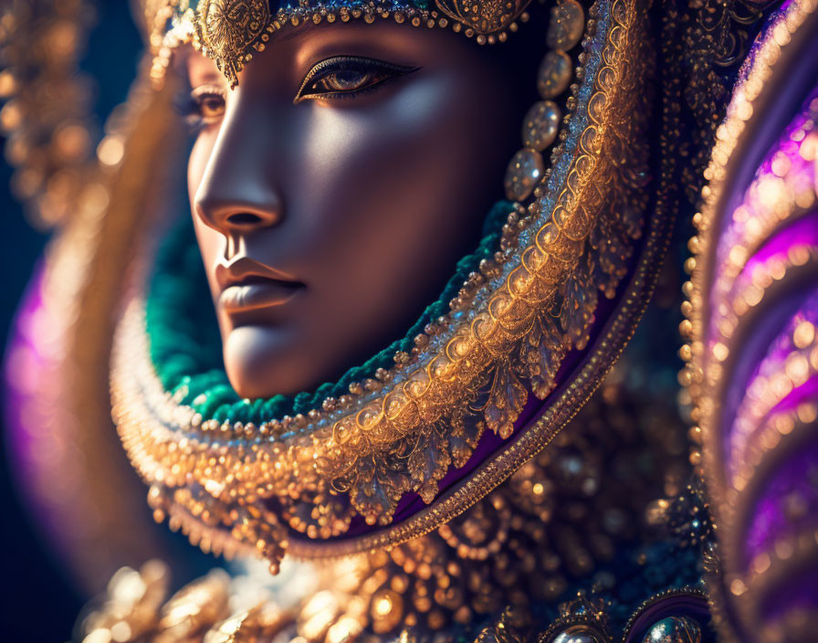 Detailed Close-Up of Person in Ornate Golden Headdress and Jewelry