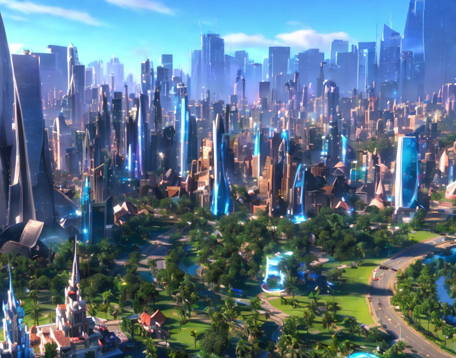 Futuristic cityscape with skyscrapers, parks, and streams