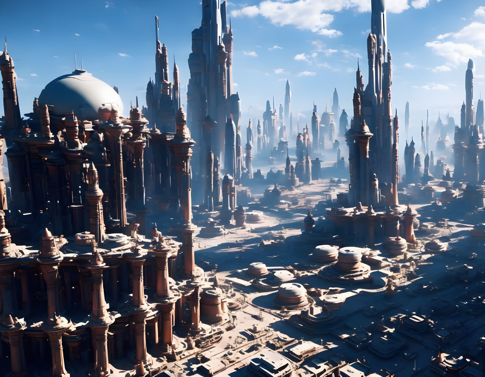 Futuristic cityscape with tall spires and intricate architecture