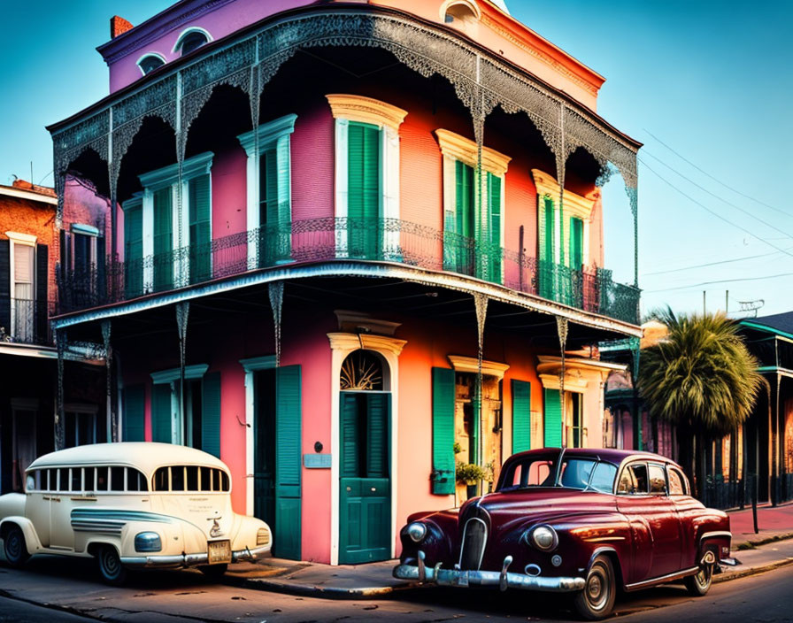 Colorful sunset street scene with pink building, balconies, and vintage cars.