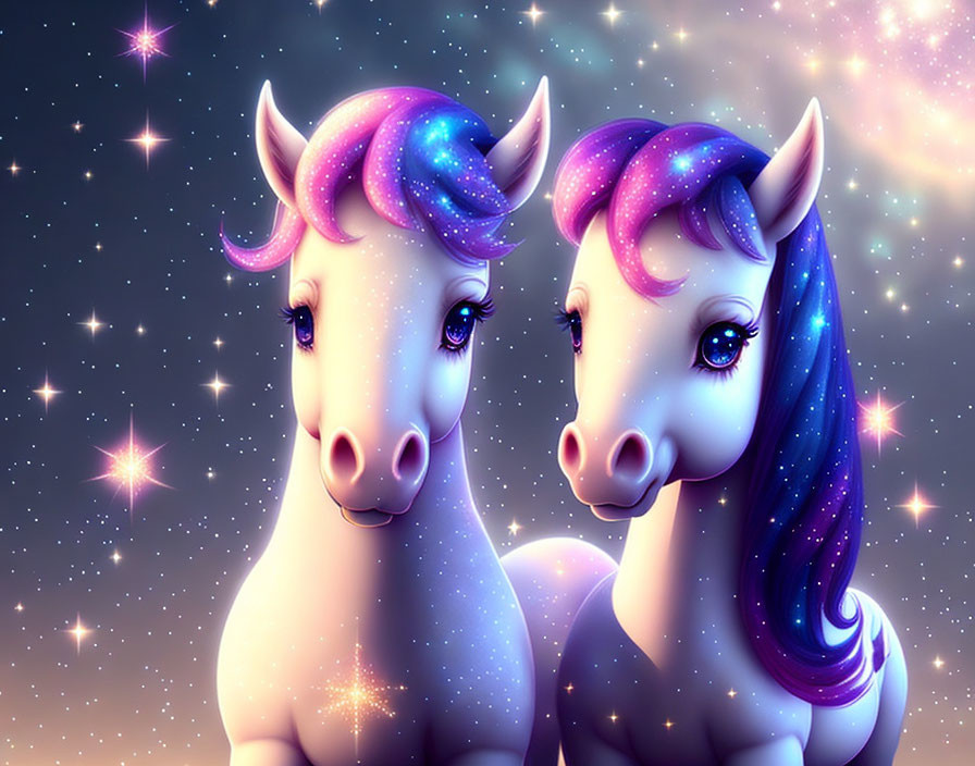 Stylized whimsical unicorns with purple manes on celestial backdrop