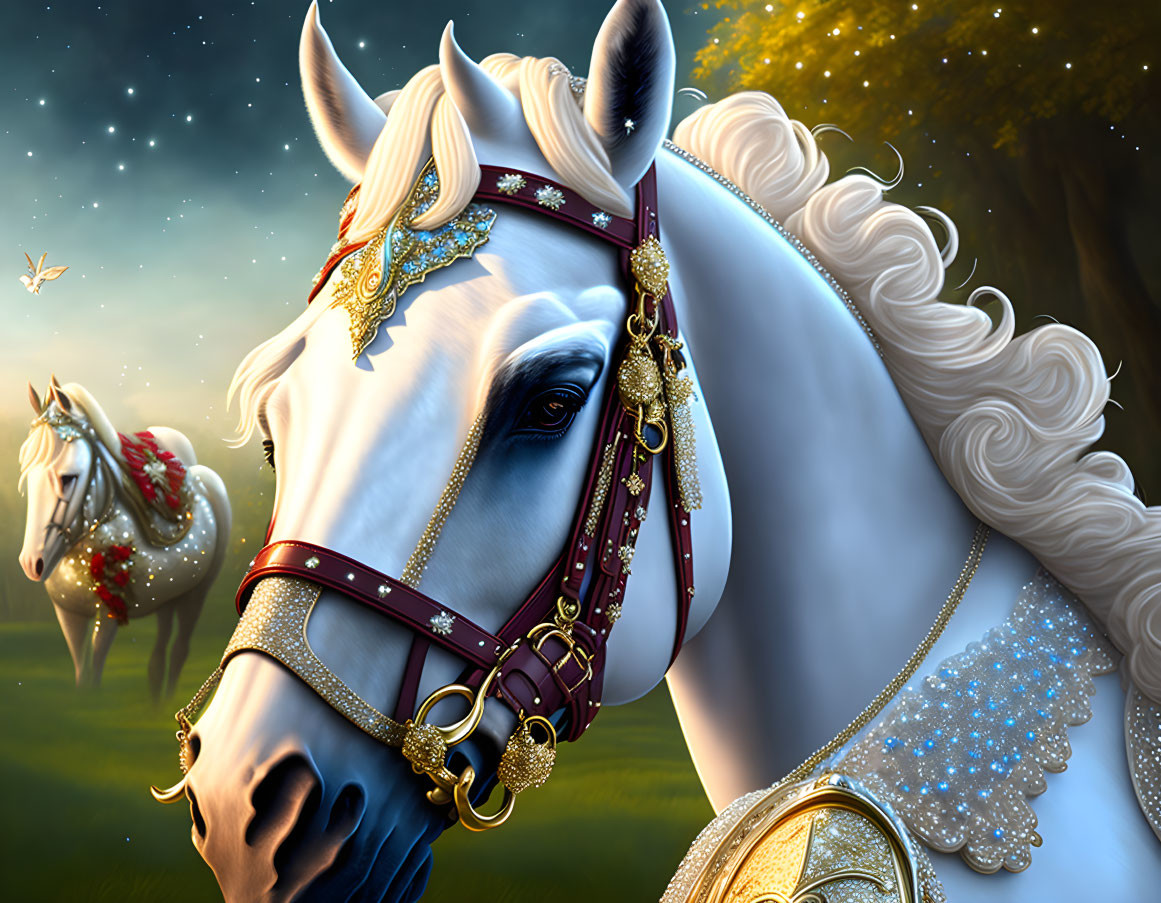 White Horse with Jeweled Adornments in Starry Sky Scene