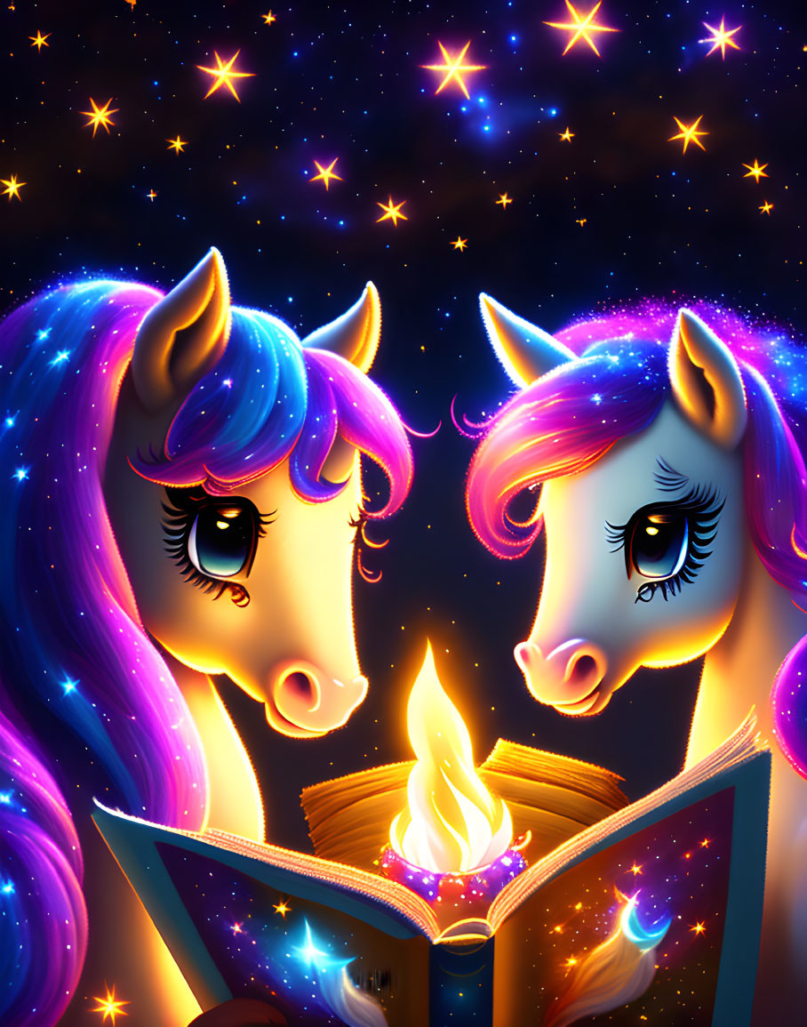 Vibrant unicorns with sparkling manes reading glowing book under starry night sky