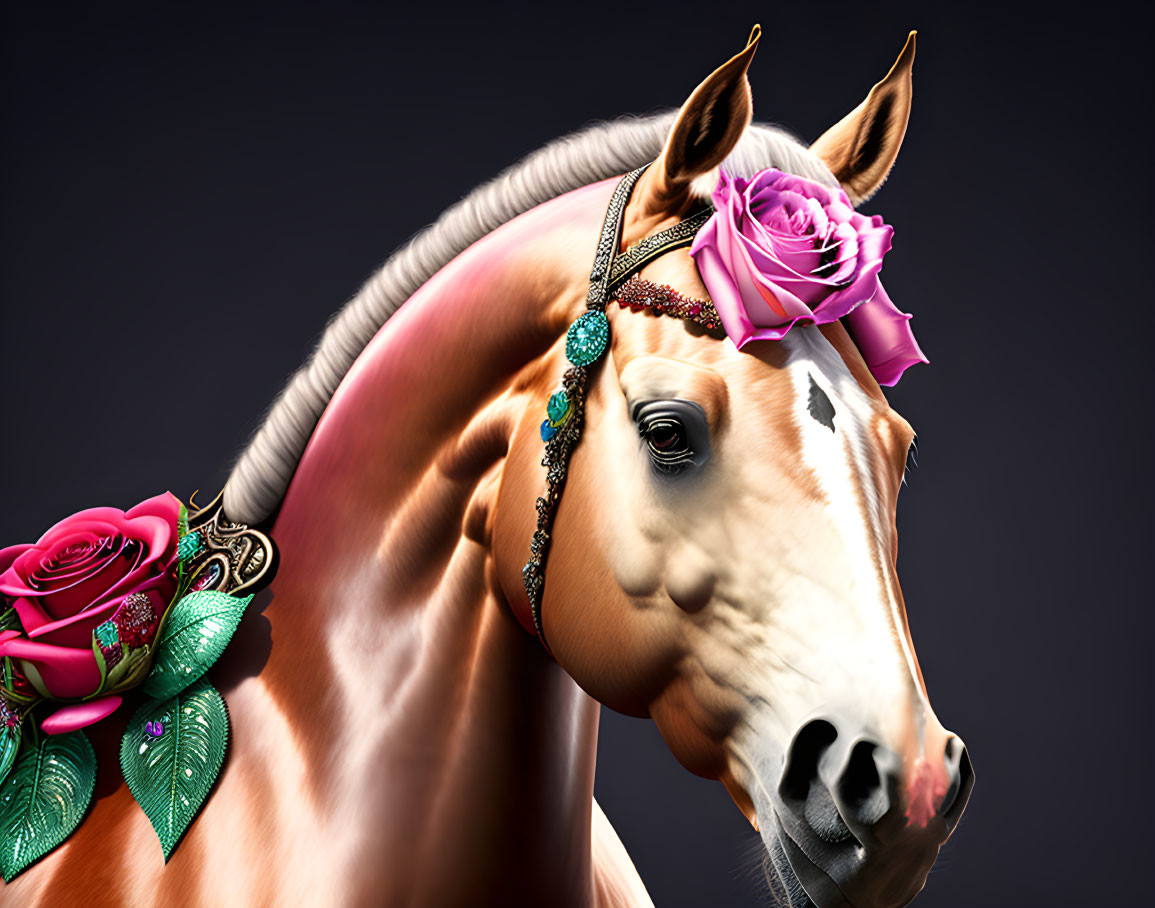 Decorated horse with braided mane, pink rose, and jewels on dark background