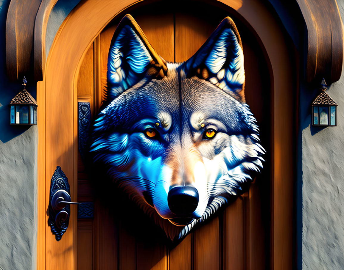 Ornate wooden door with wolf illustration and lanterns