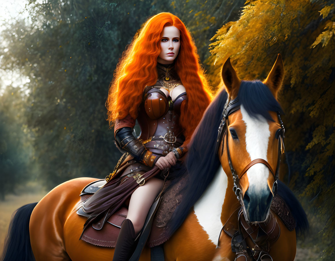 Warrior woman with red hair in medieval armor on horse in autumn forest