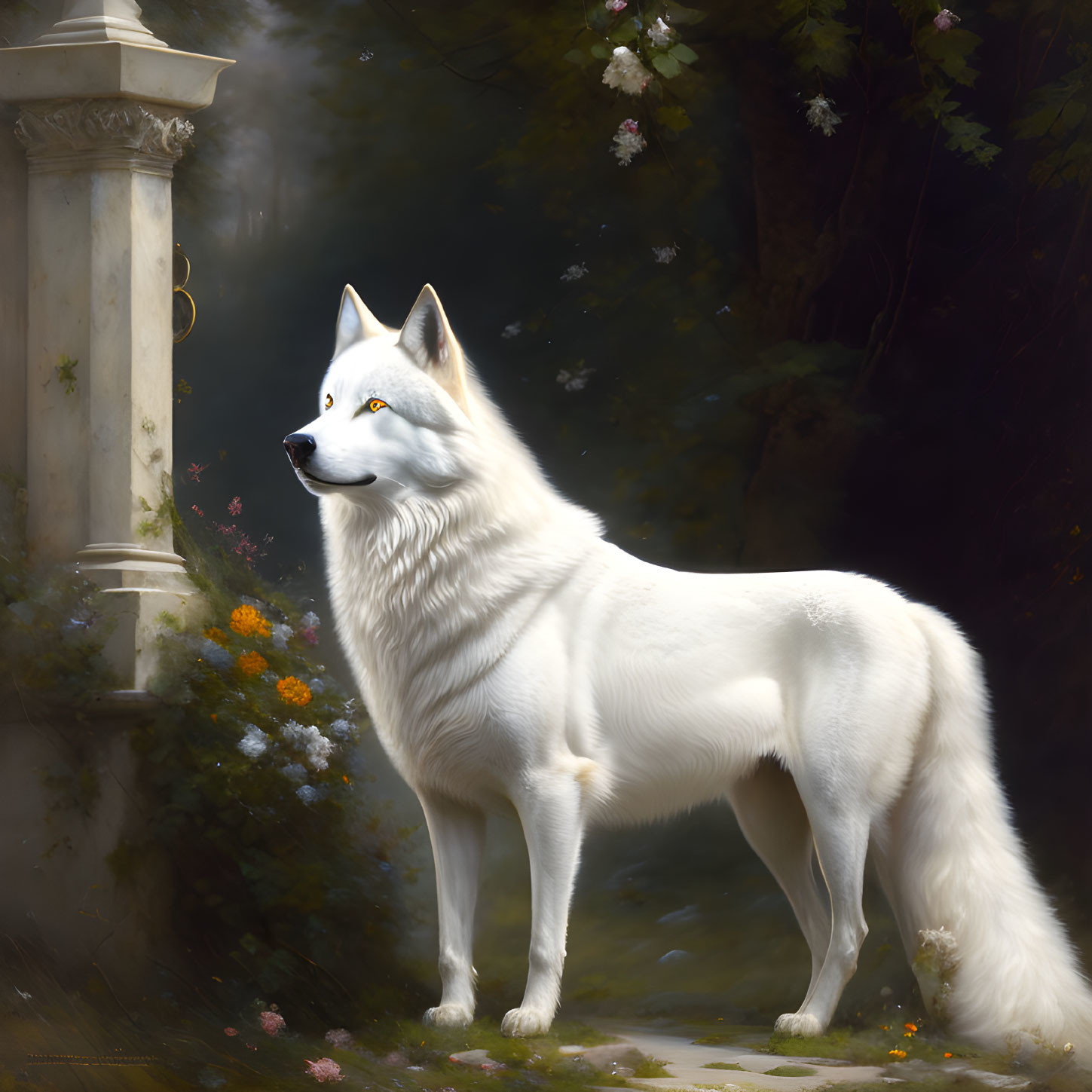 White wolf in flower garden with classical column