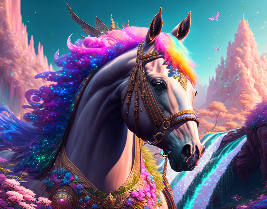 Colorful Rainbow-Maned Horse in Fantasy Landscape