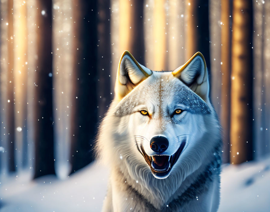 Smiling wolf in snowy forest with sunlight filtering through trees