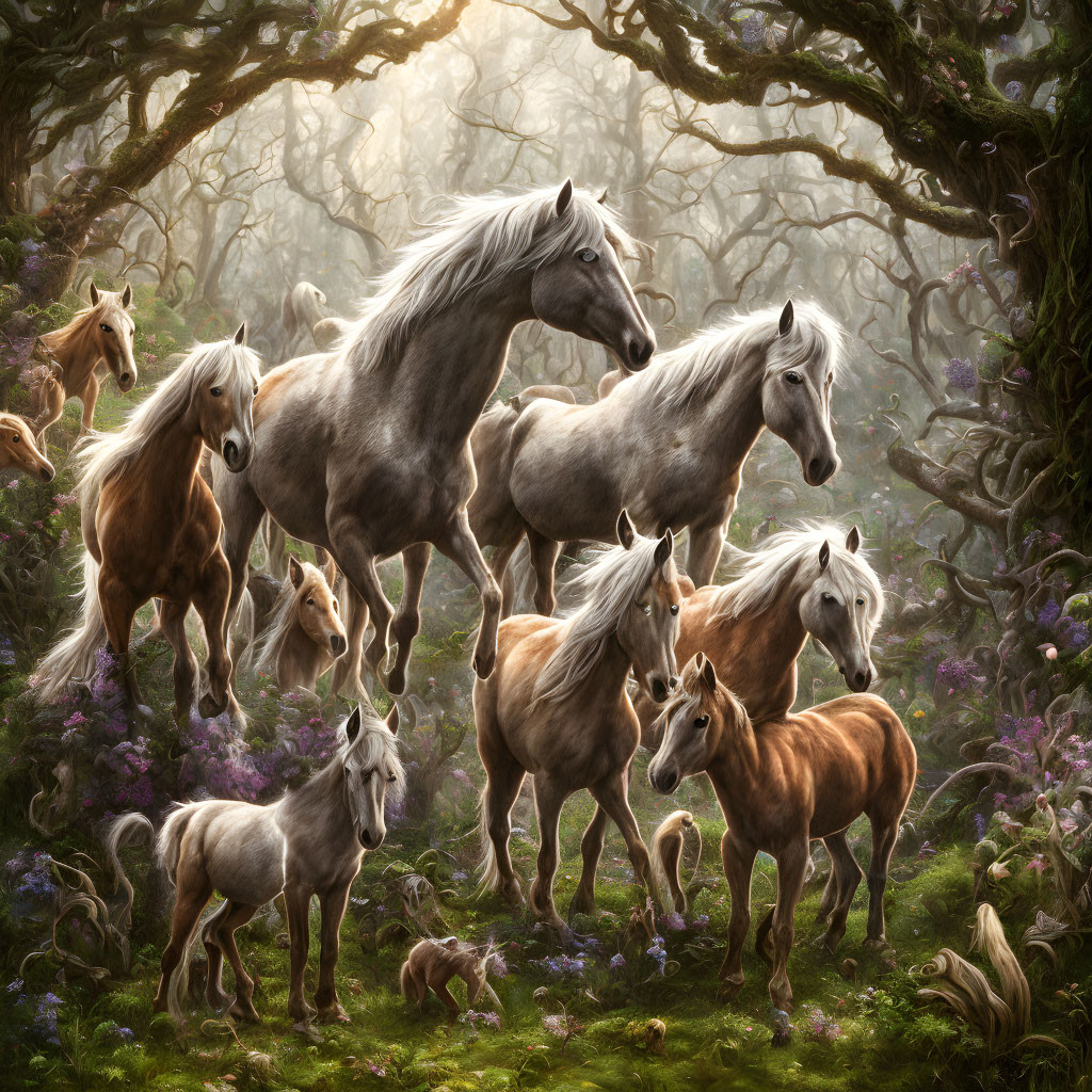 Majestic horses in mystical forest with purple flowers and twisted trees