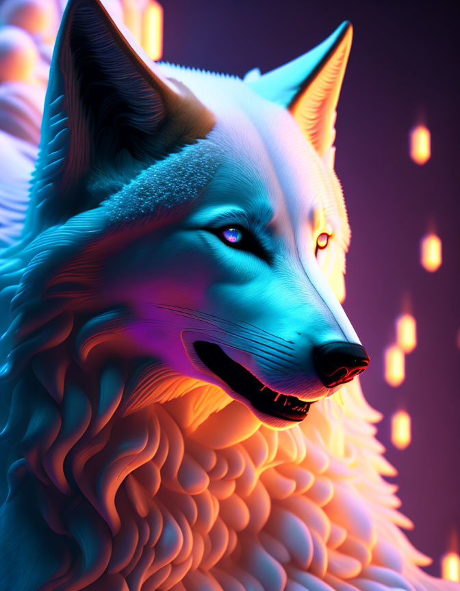 Colorful digital artwork of a stylized wolf in neon blue and purple tones.