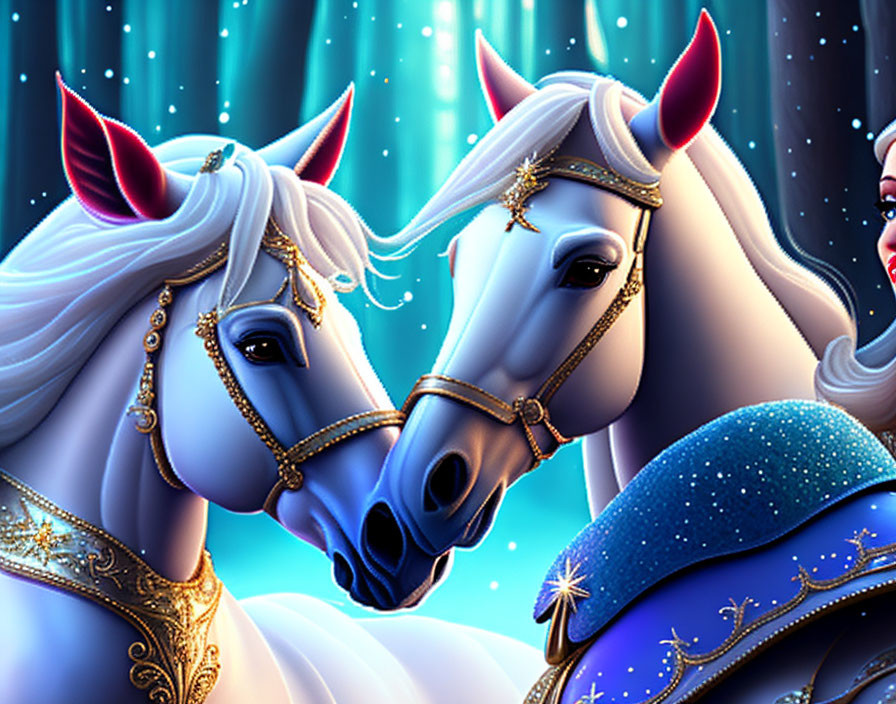 Two White Horses with Golden Bridles in Starry Night Scene