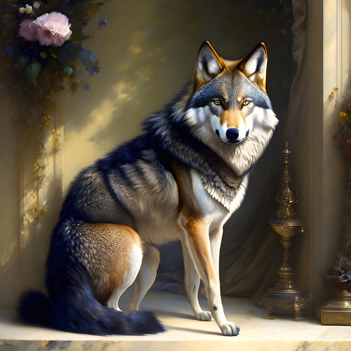 Majestic wolf with lush fur in elegant room with golden accents