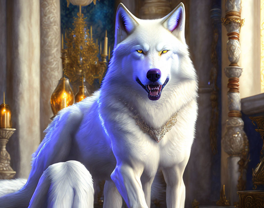 White wolf with blue eyes and golden necklace in candle-lit hall