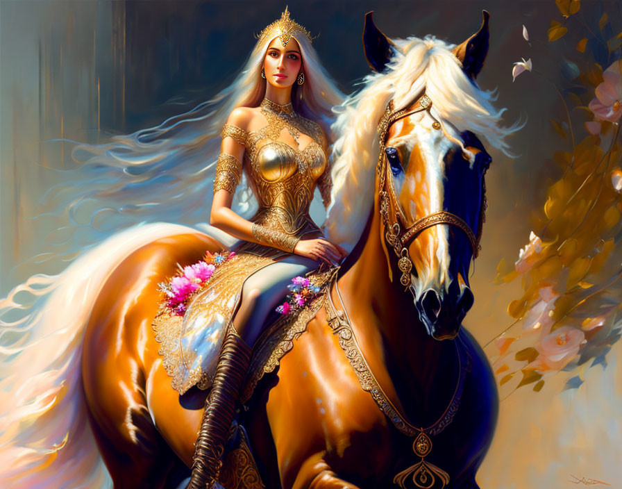 Regal woman in golden armor on majestic horse in warm ambiance