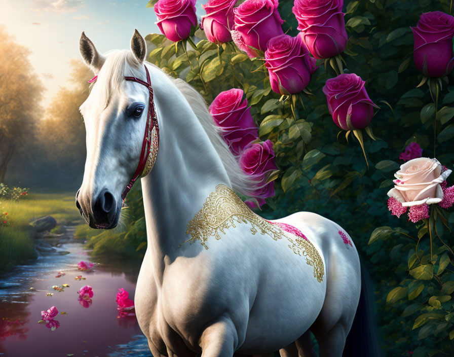 White Horse with Red and Gold Trim in Lush Greenery and Pink Roses