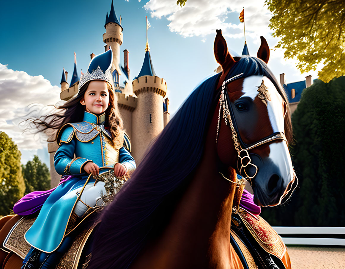 Young girl in medieval knight attire riding horse near fairy-tale castle