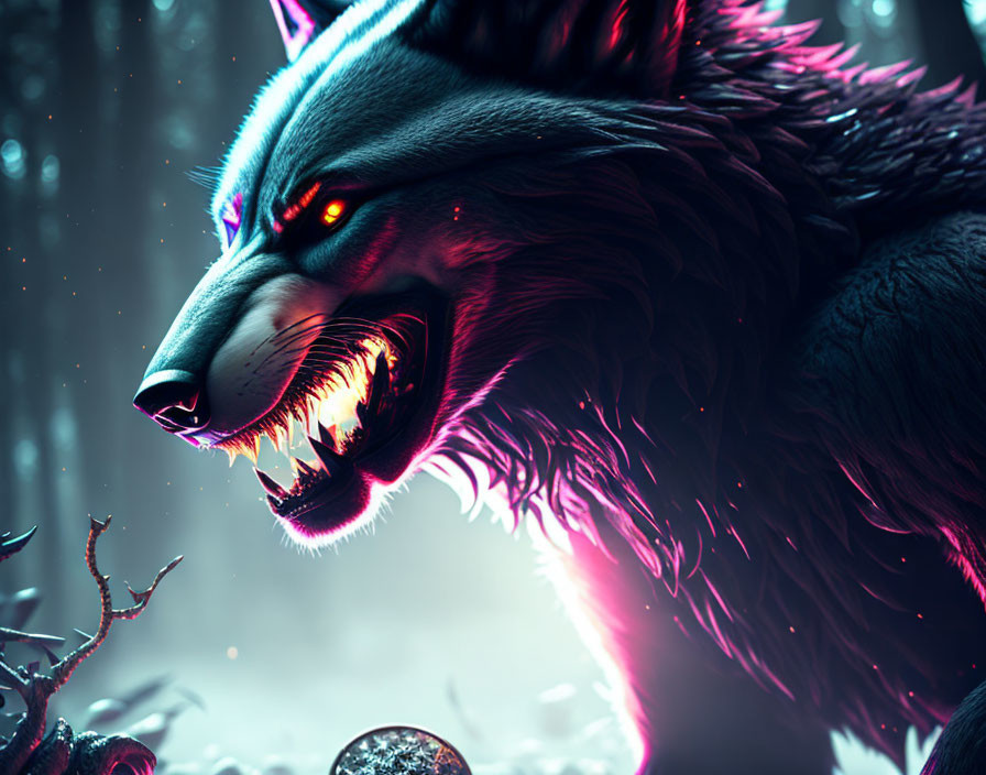 Snarling wolf with red eyes and neon pink highlights in dark, ethereal forest