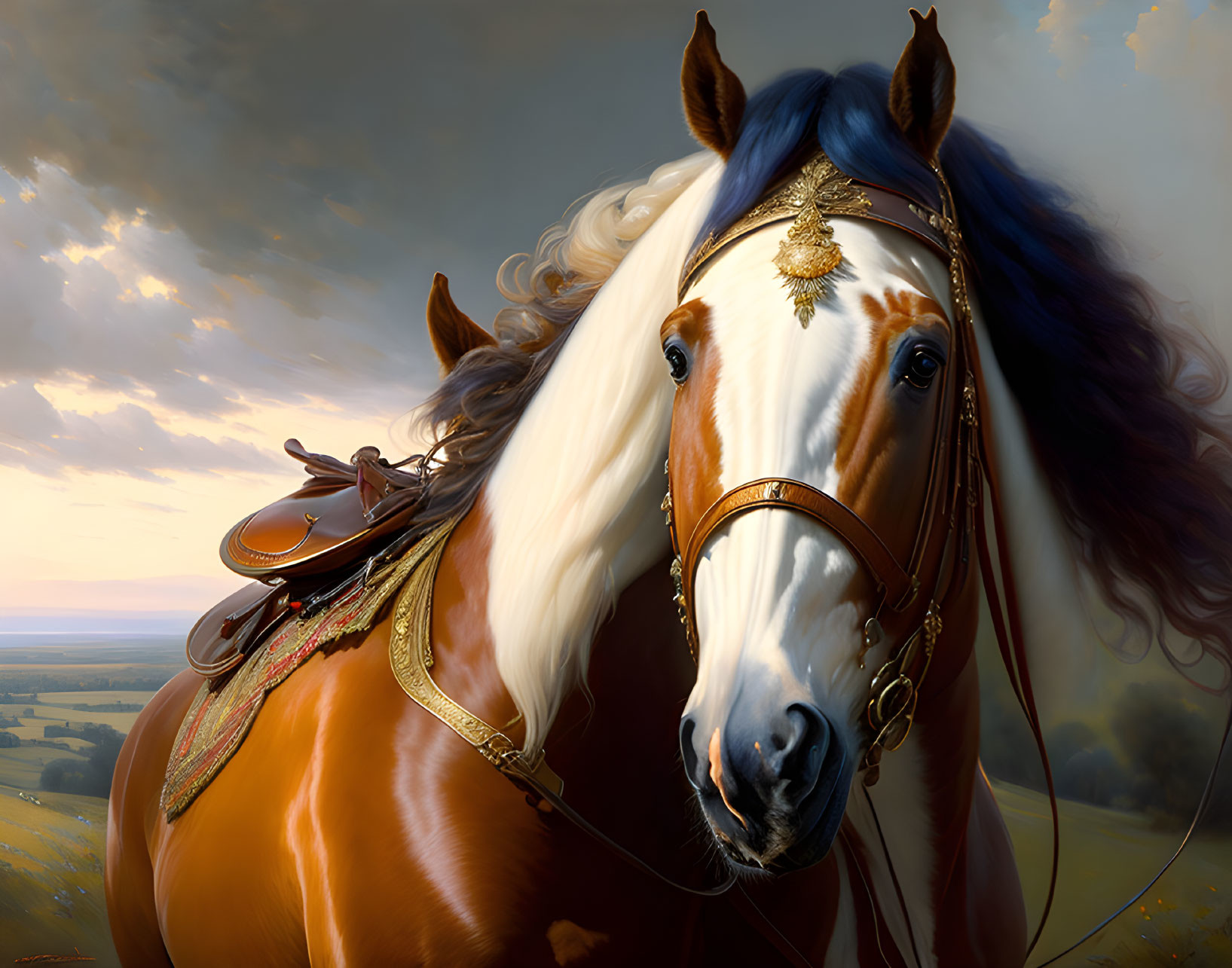 Majestic horse with ornate bridle and saddle in sunset landscape