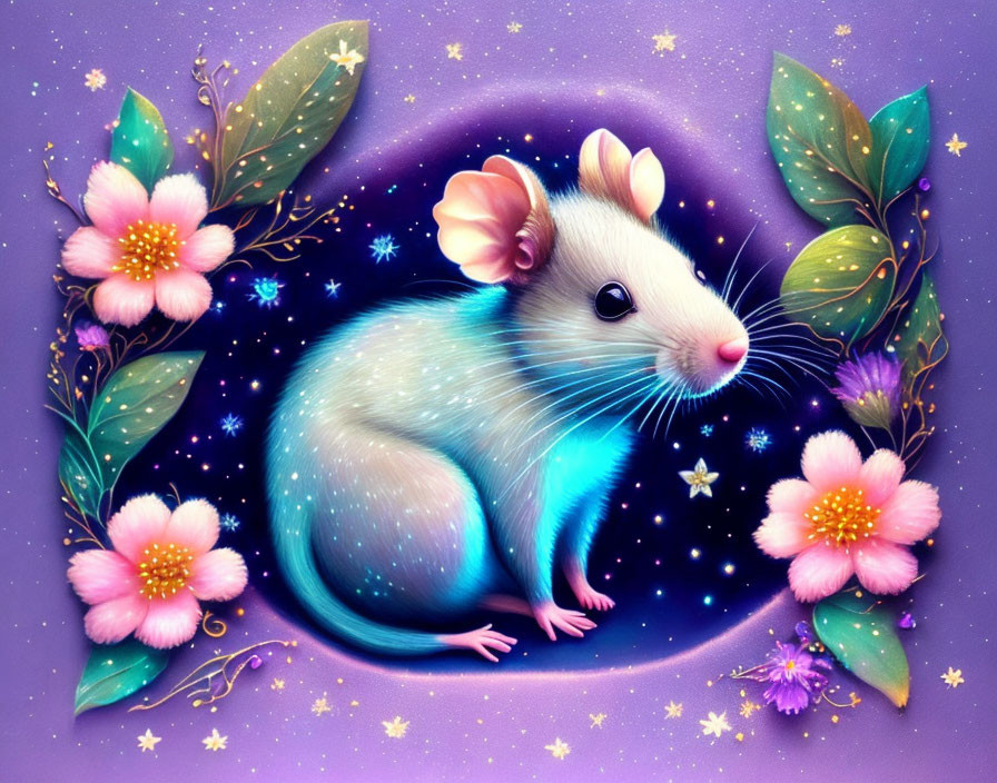 Radiant blue mouse in cosmos motif with stars, pink flowers, green leaves