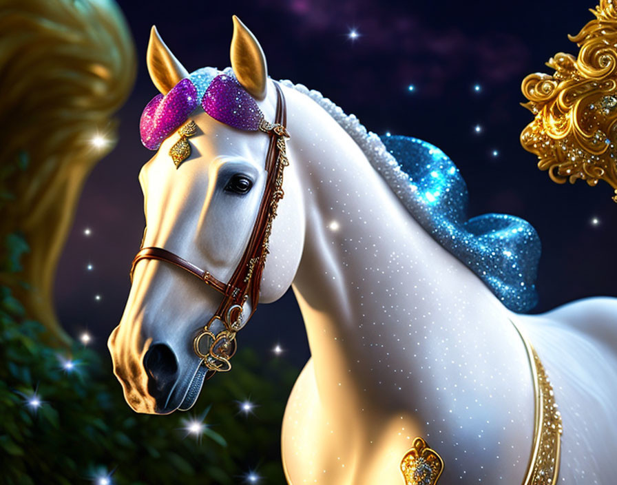 White Horse with Sparkling Mane and Golden Bridle on Starry Night Sky