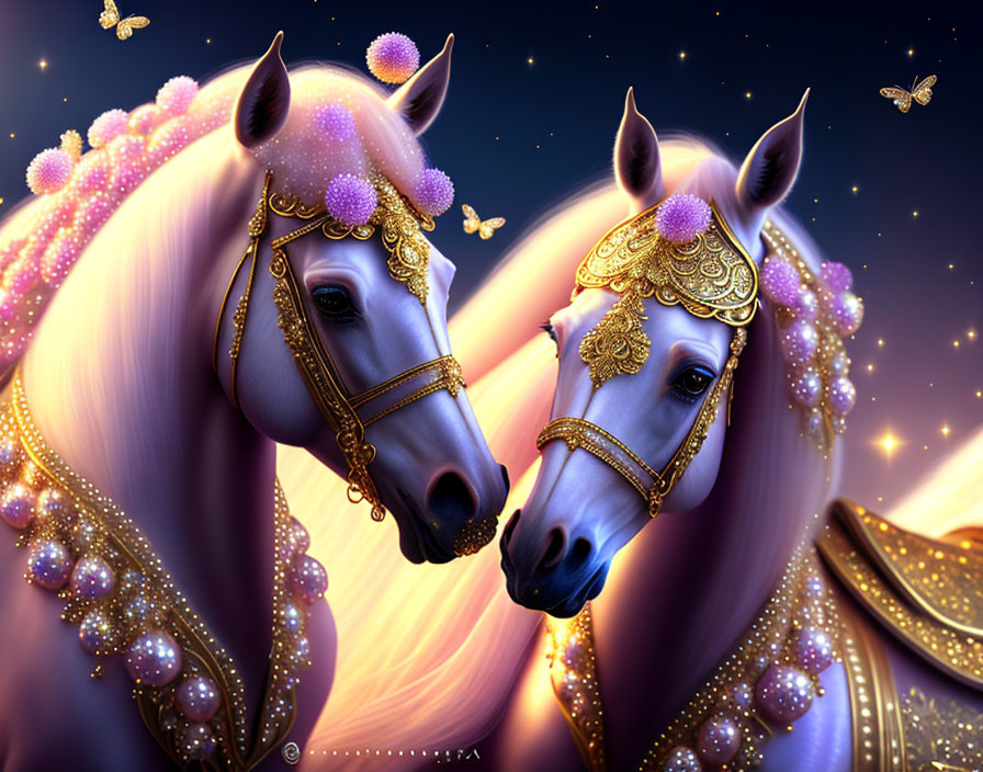 Elaborately adorned fantasy horses with gold bridles on dark starry background