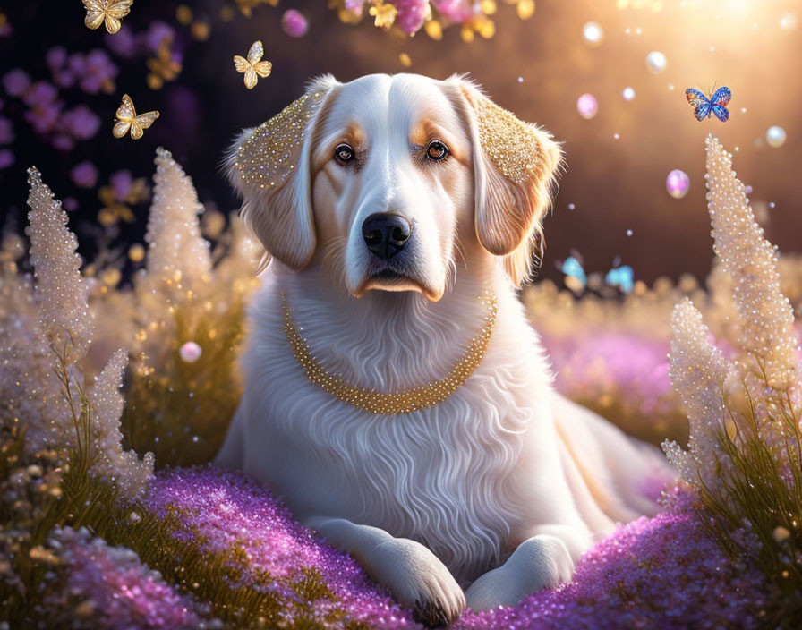 Golden retriever in purple flower field with butterflies