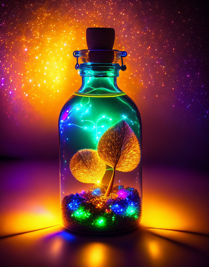 Glass jar with glowing lights and leaves in colorful, starry setting