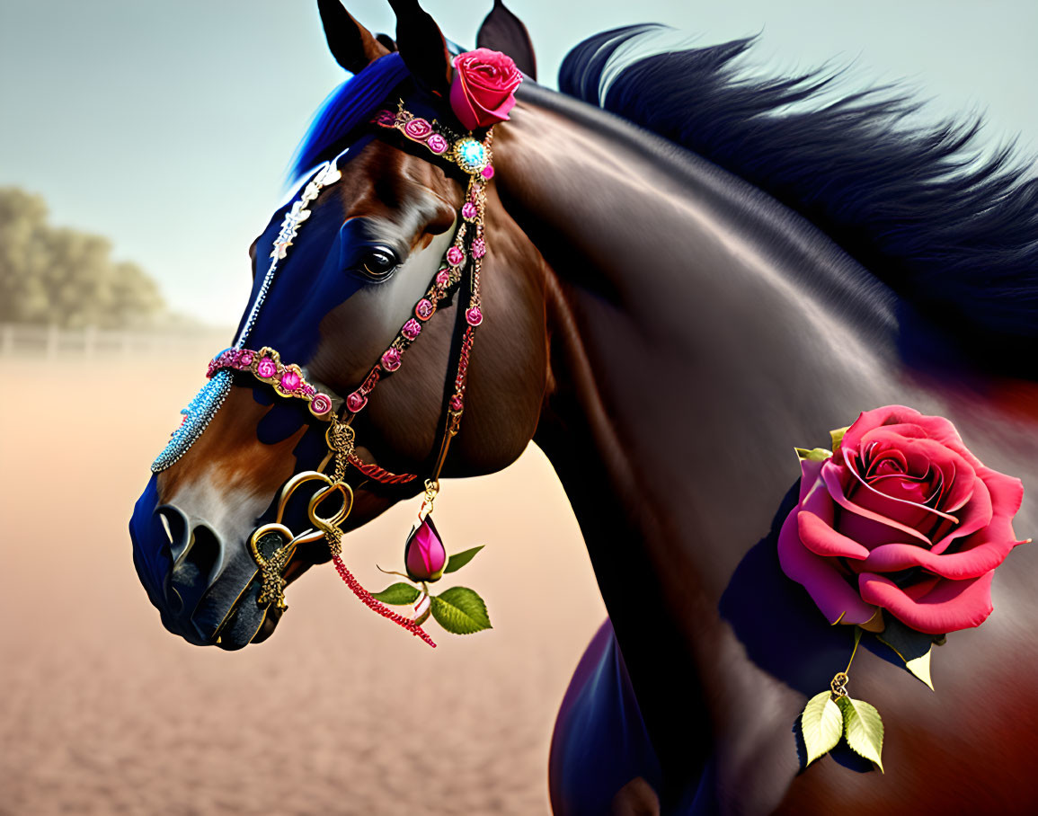 Majestic horse with vibrant pink and blue jewels and roses on shiny dark coat