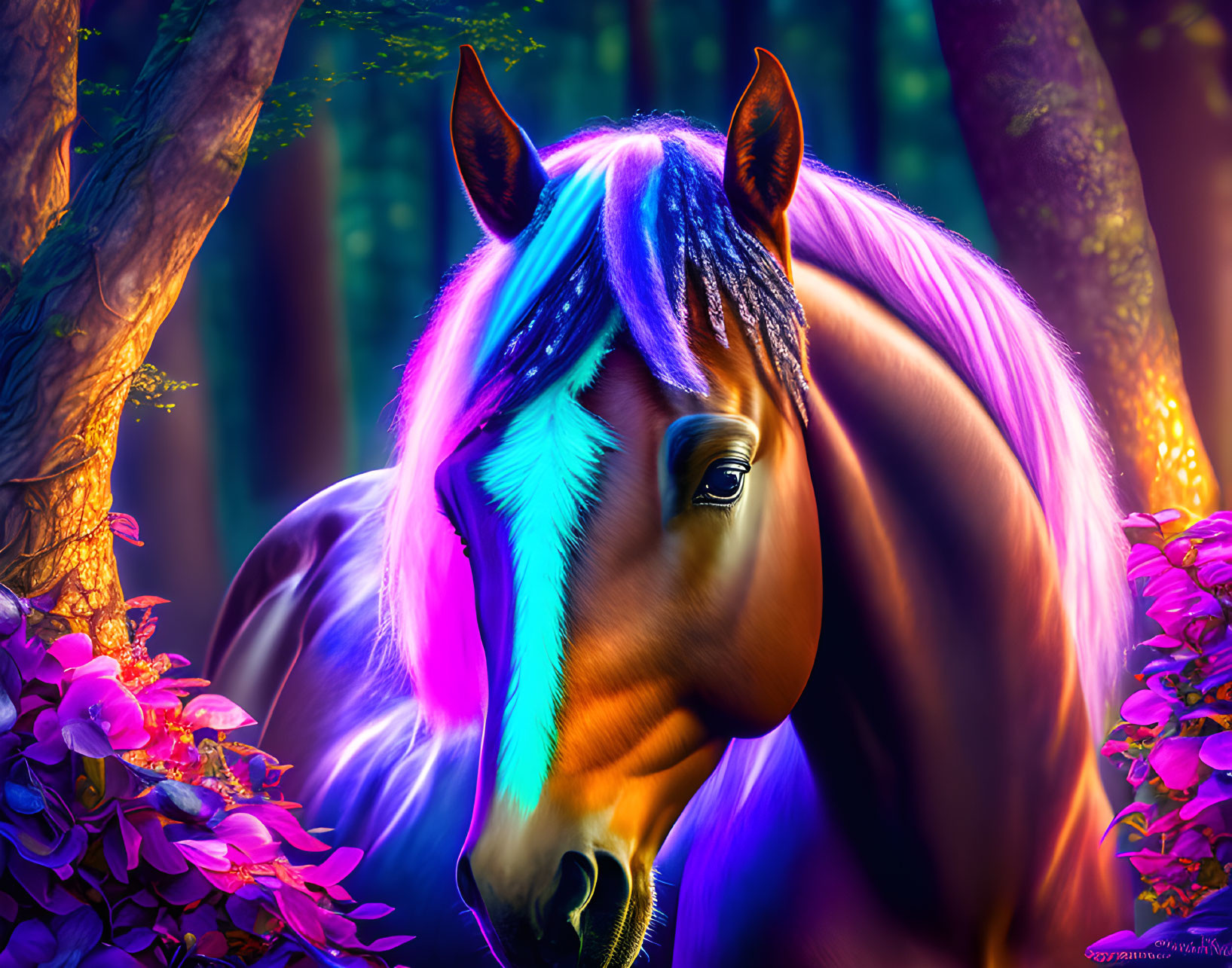 Digital Art: Horse with Purple Mane in Fantasy Forest