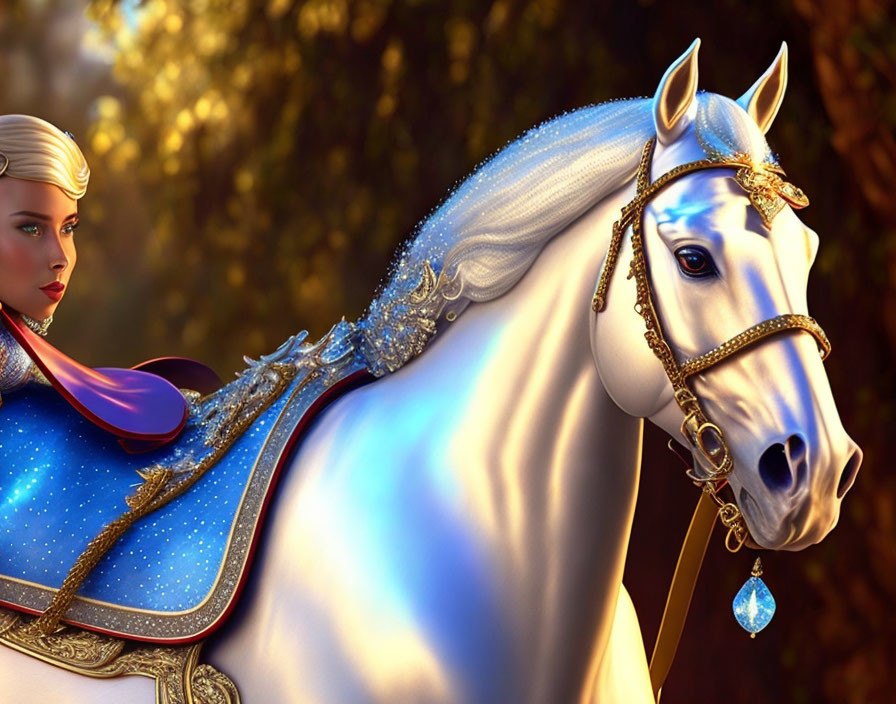 Animated woman in royal attire riding white horse in sunlit forest