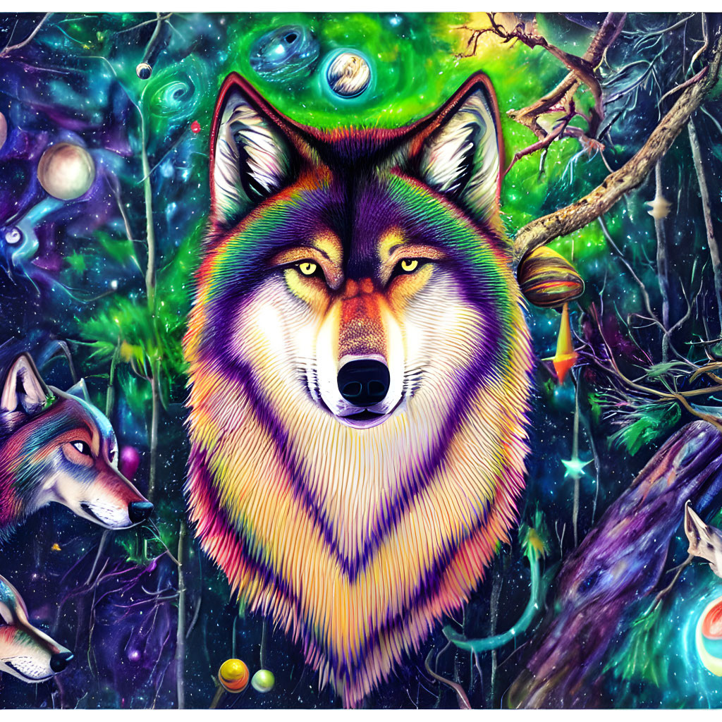 Colorful digital artwork: Cosmic wolf surrounded by celestial elements