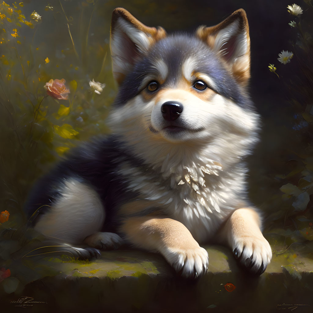 Realistic painting of Tricolor Pembroke Welsh Corgi in sunlit field