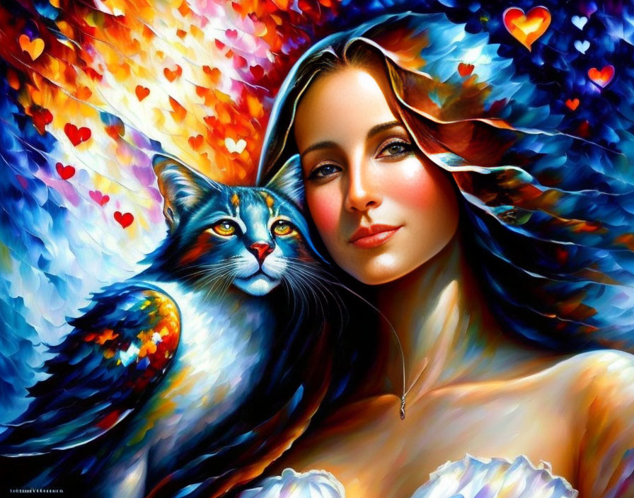 Portrait of Woman with Long Brown Hair and Colorful Cat in Fiery Background