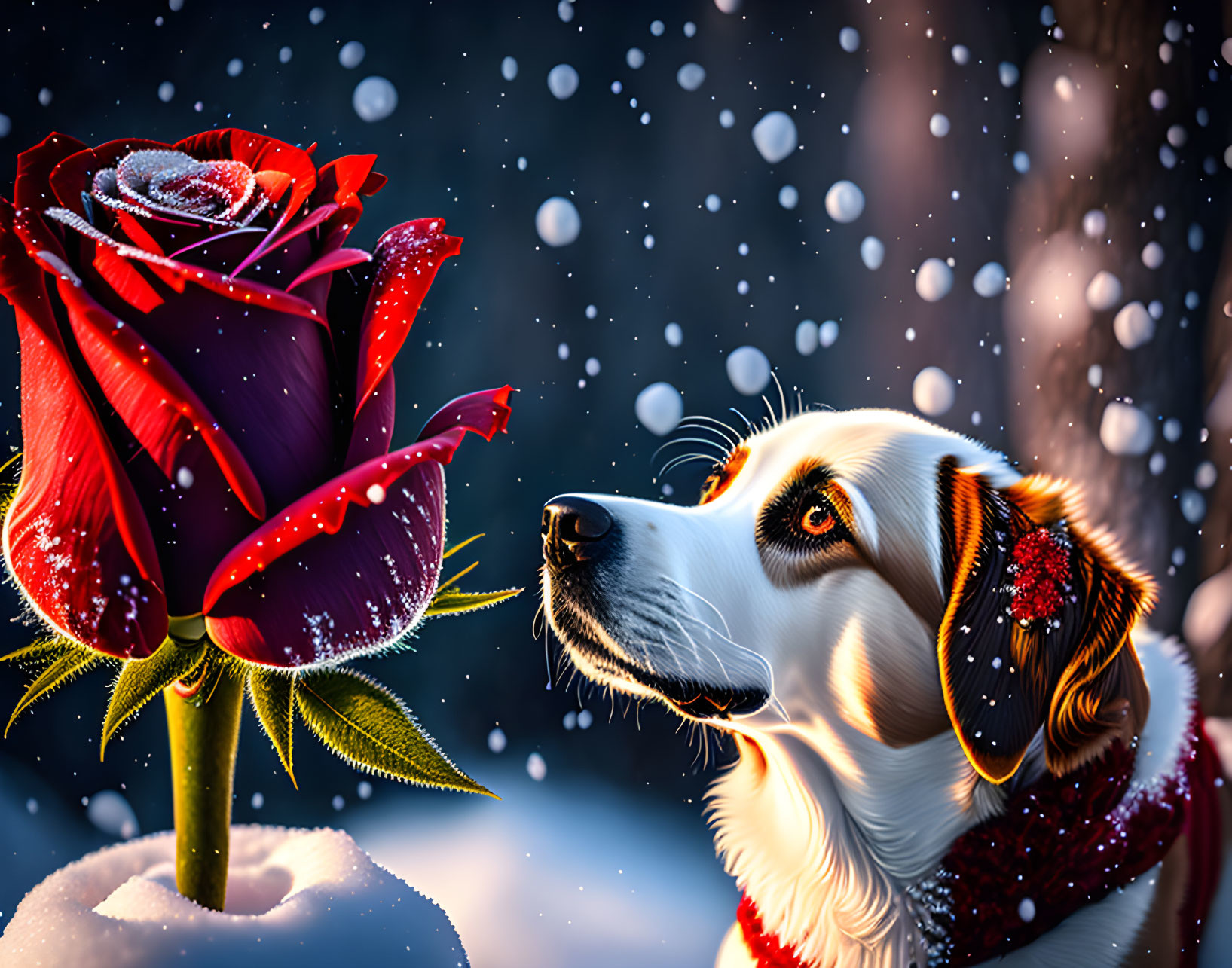 Dog with red scarf gazes at red rose in snowy scene