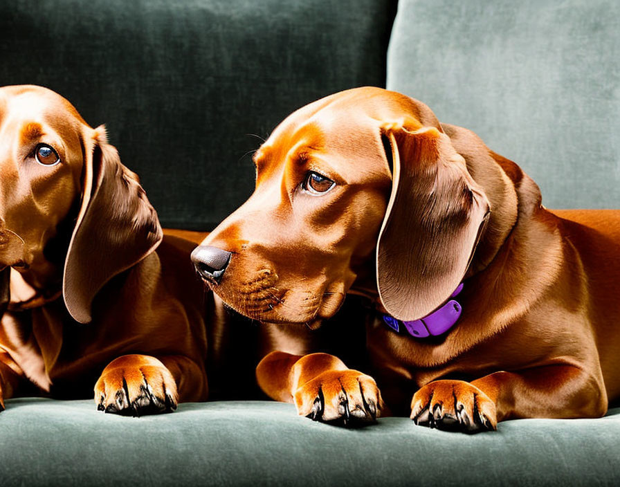 Two Glossy Brown Dachshunds Sitting on Green Couch