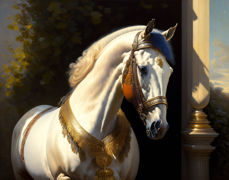 Majestic white horse with golden mane near classical column