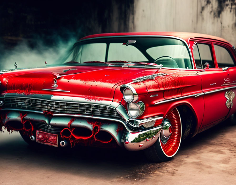 Vintage red car with chrome accents and white-wall tires on rustic background.