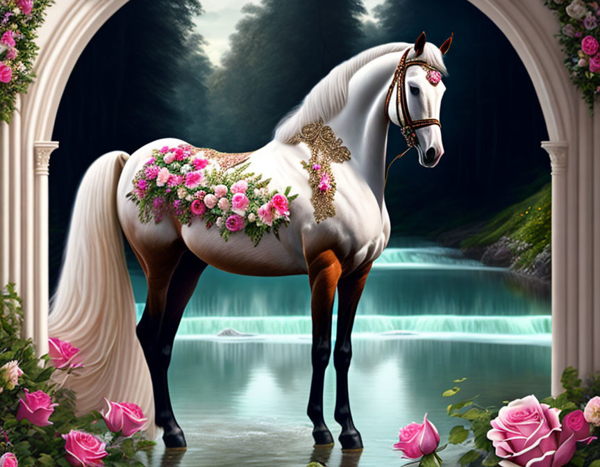 White horse with pink flowers and golden accessories by arched gate and waterfall