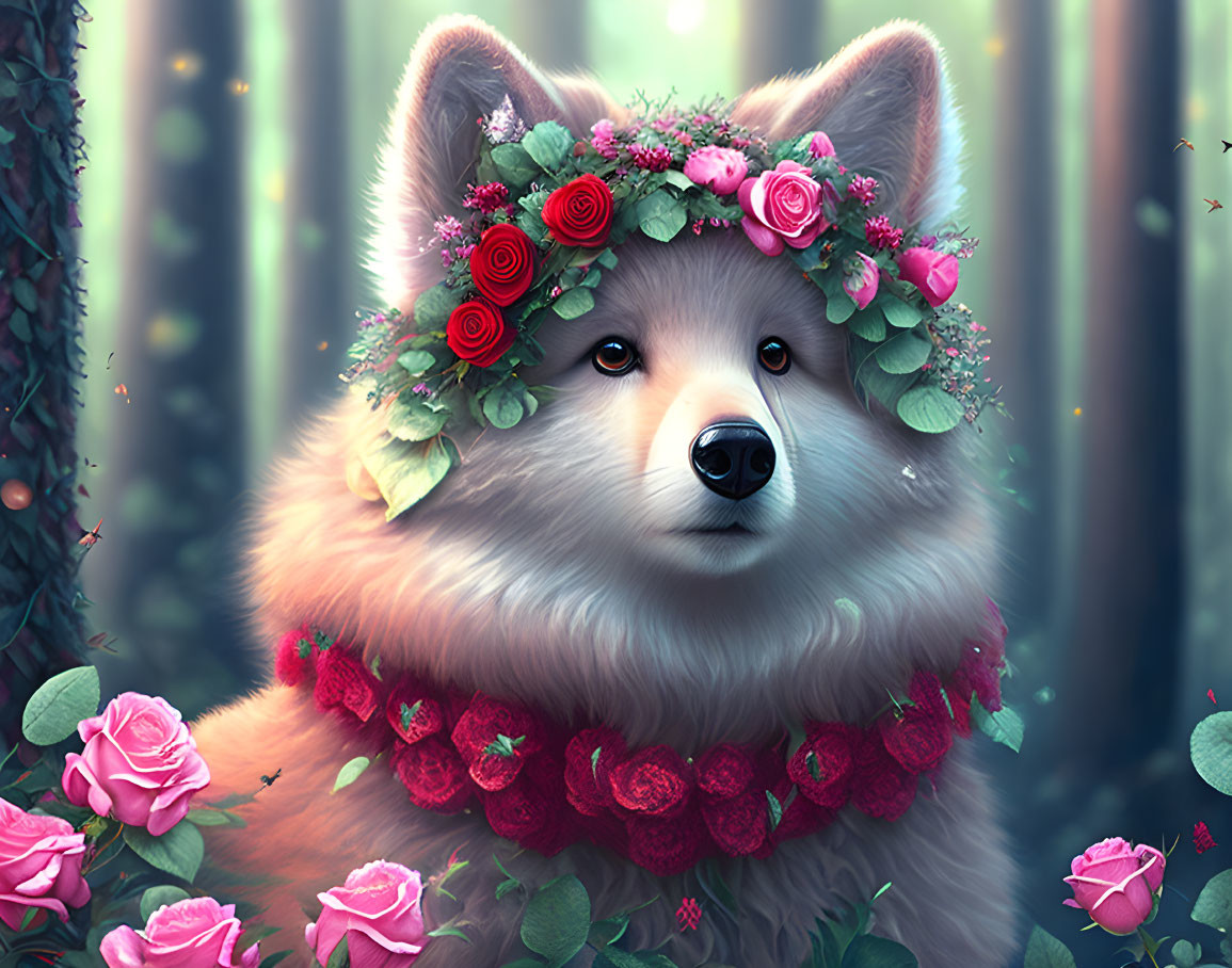 Fluffy dog with floral wreath in magical forest