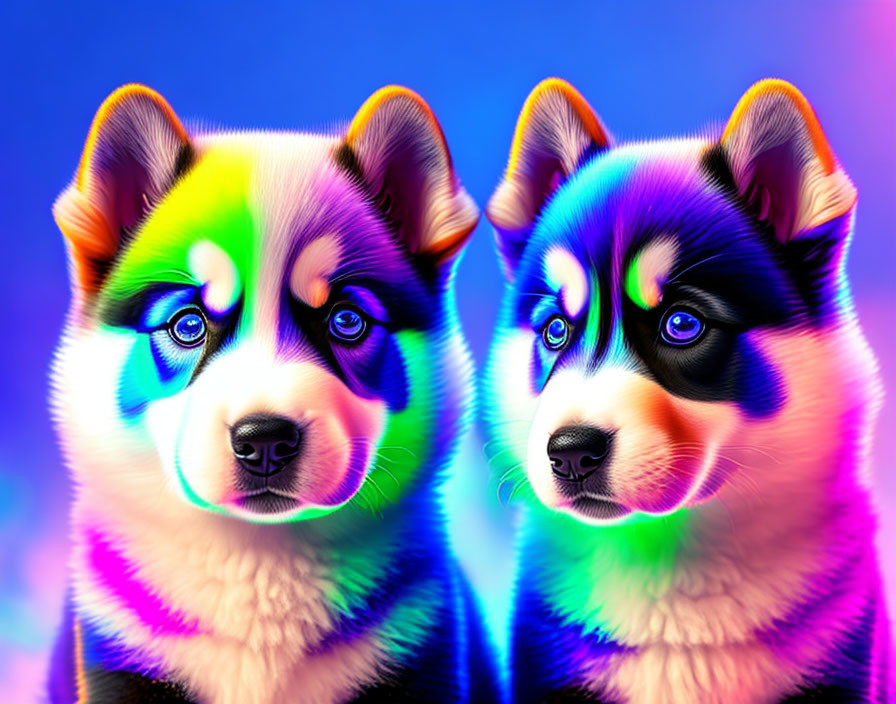 Digitally altered husky puppies on vibrant rainbow background