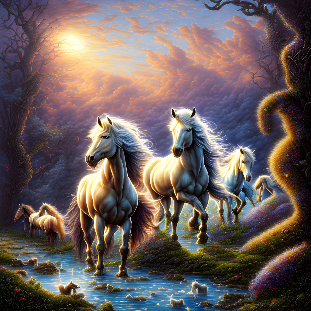 White horses gallop in surreal landscape with glowing sunset