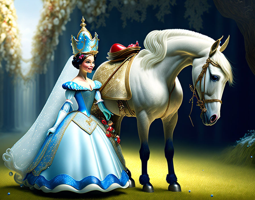 Digital artwork: Fairytale queen in blue gown with white horse and regal tack