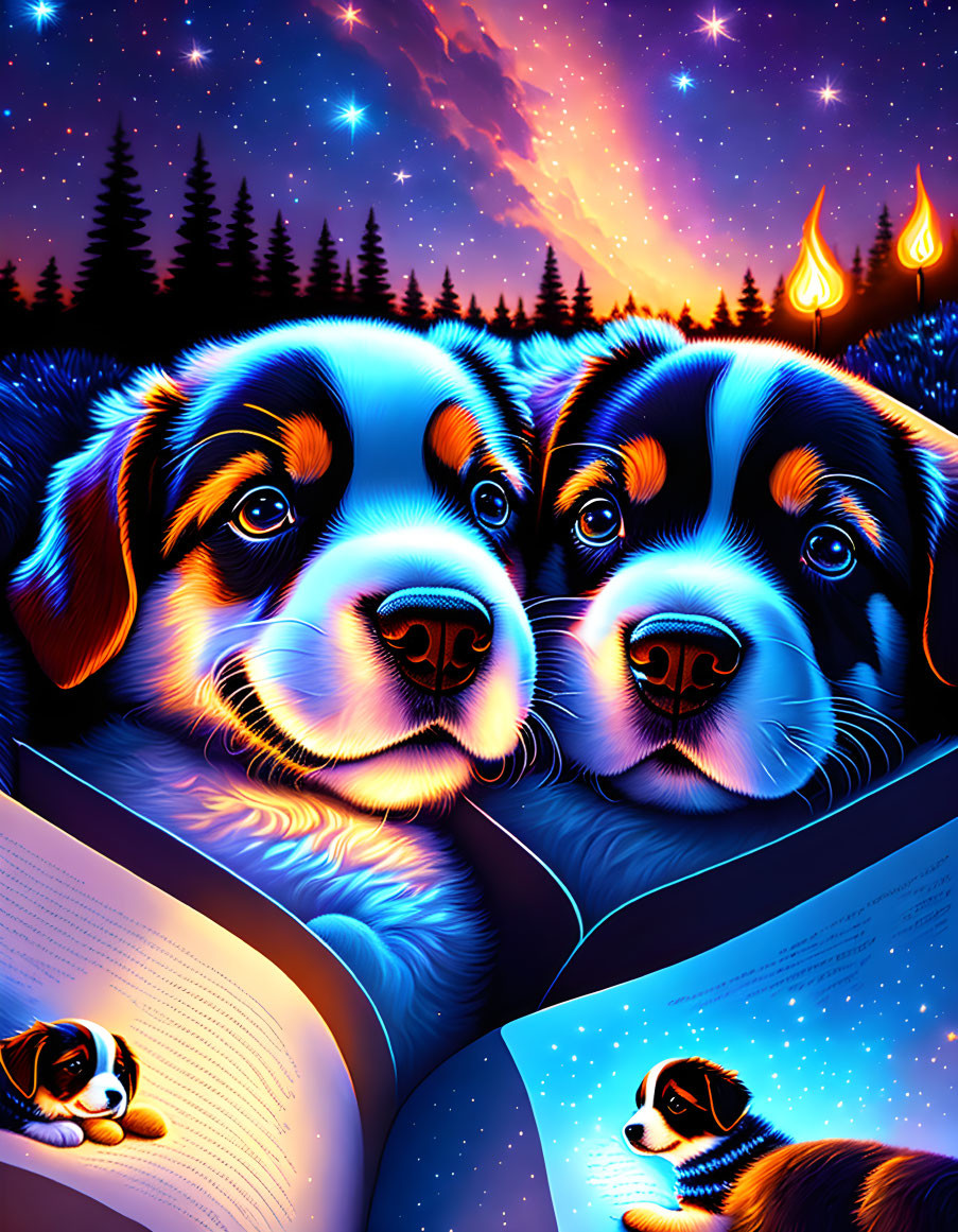 Vibrant cartoon-like puppies enchanted by glowing storybook on starry night sky