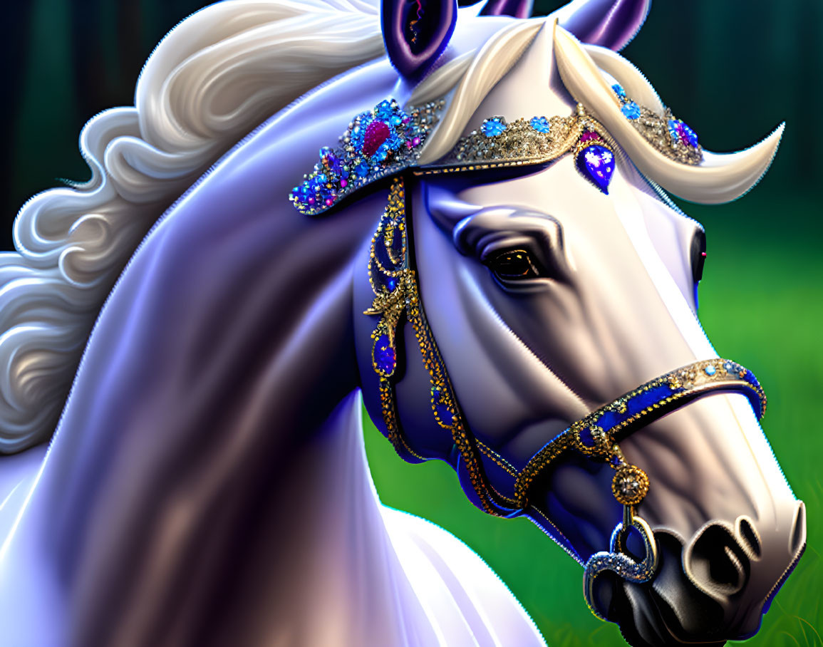 Illustrated white horse with jeweled crown in forest setting