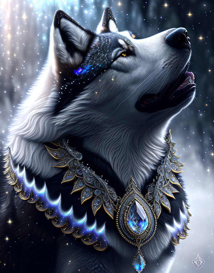 Majestic husky with cosmic elements and ornate jewelry on starry background