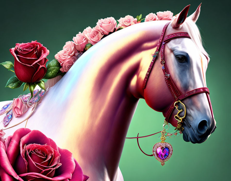 White horse with red bridle and gold accents among red and pink roses with heart-shaped jewel.