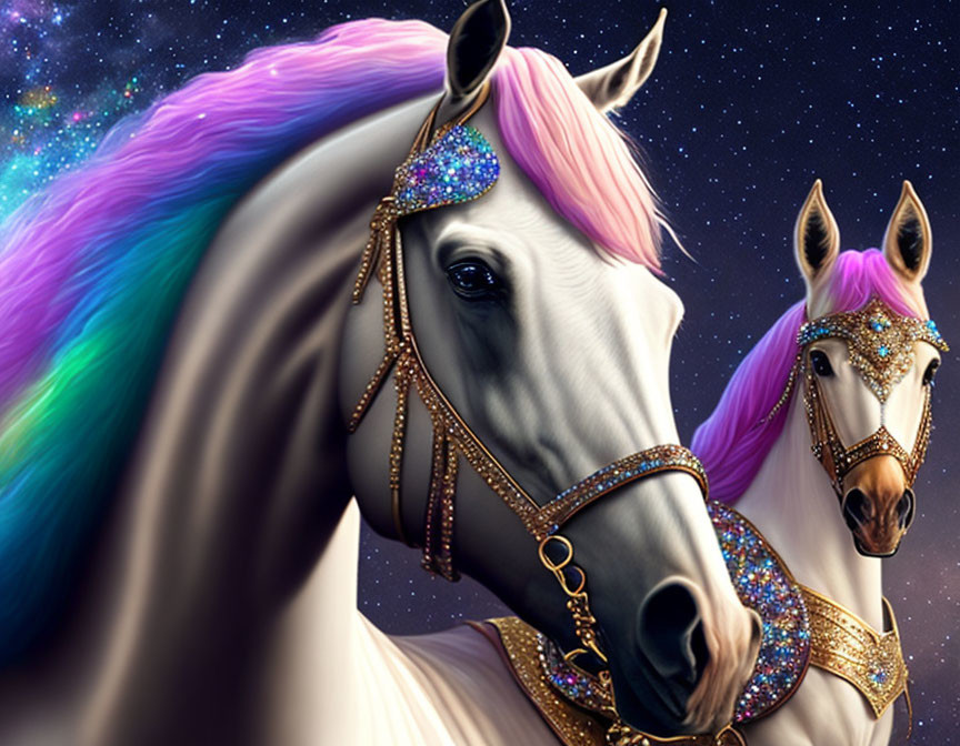 Majestic horses with sparkling bridles in starry night scene