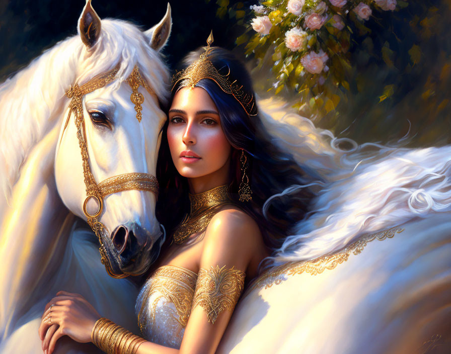 Dark-haired woman with gold jewelry posing with white horse in sunlit floral backdrop