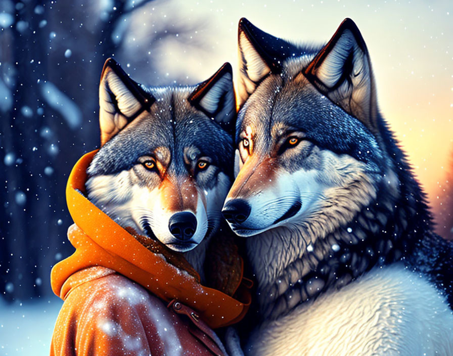 Two wolves with piercing eyes in scarf, snowy twilight backdrop